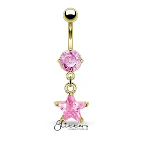 14kt Gold Ion Plated Pink Star Shaped Cubic Zirconia Dangle Belly Button Ring