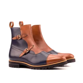 Ambrogio Bespoke Custom Men's Shoes Navy & Brown Calf-Skin Leather Buckle Boots (AMB1949)