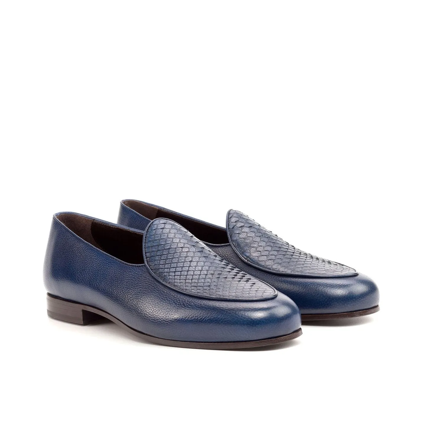 Ambrogio Bespoke Custom Men's Shoes Navy Exotic Snake-Skin / Full Grain Leather Belgian Loafers (AMB1967)