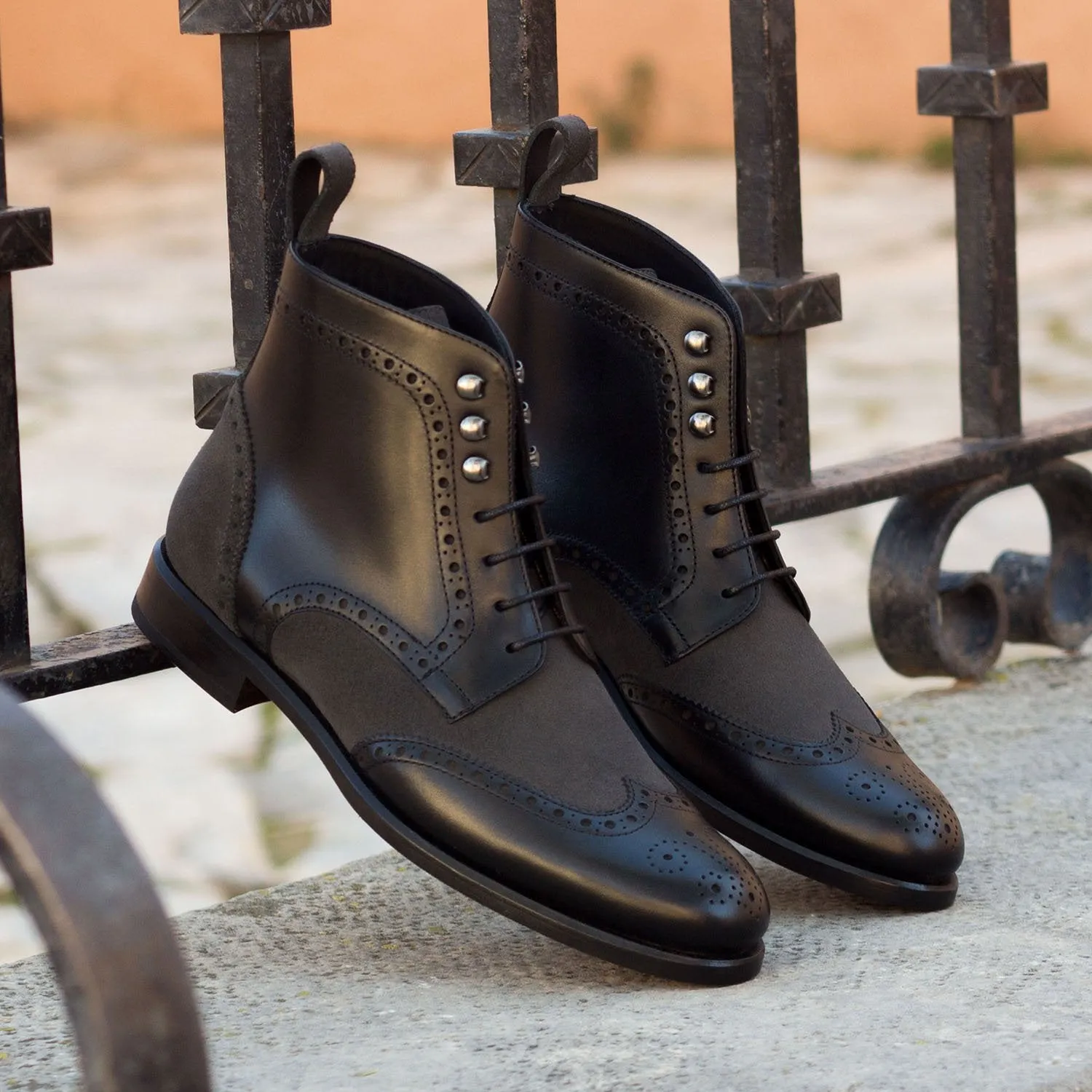 Ambrogio Bespoke Custom Women's Shoes Black Suede / Calf-Skin Leather Military Boots (AMBW1091)