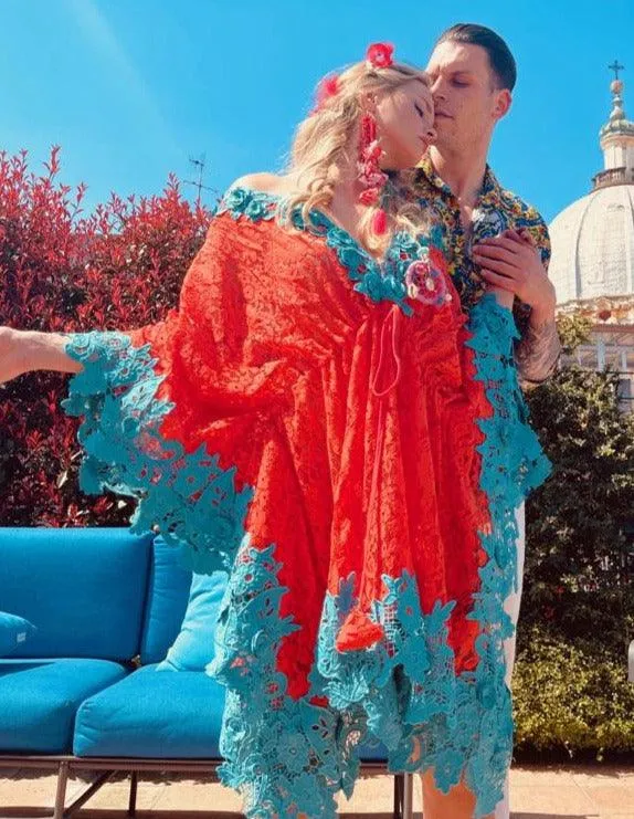 Antica Lace Kaftan Aida in Coral & Turquoise