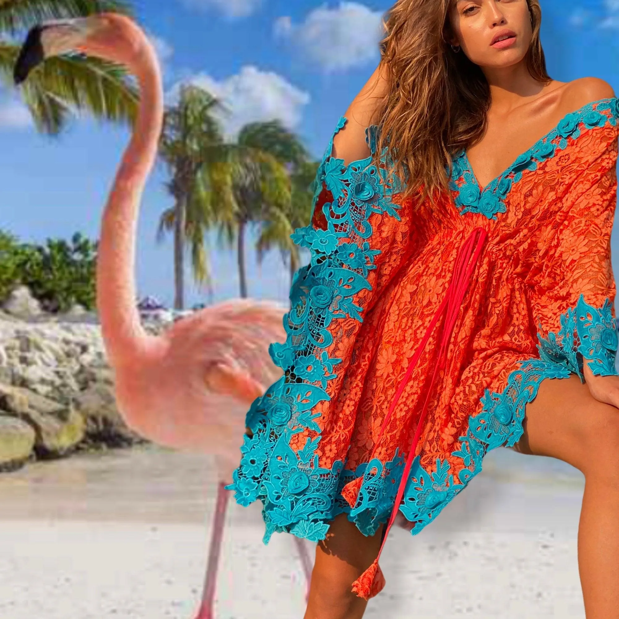 Antica Lace Kaftan Aida in Coral & Turquoise