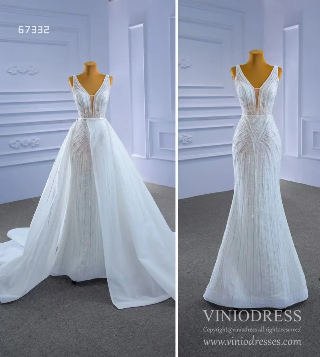 Beaded Lace Mermaid Wedding Dresses with Removable Overskirt Viniodress 67332