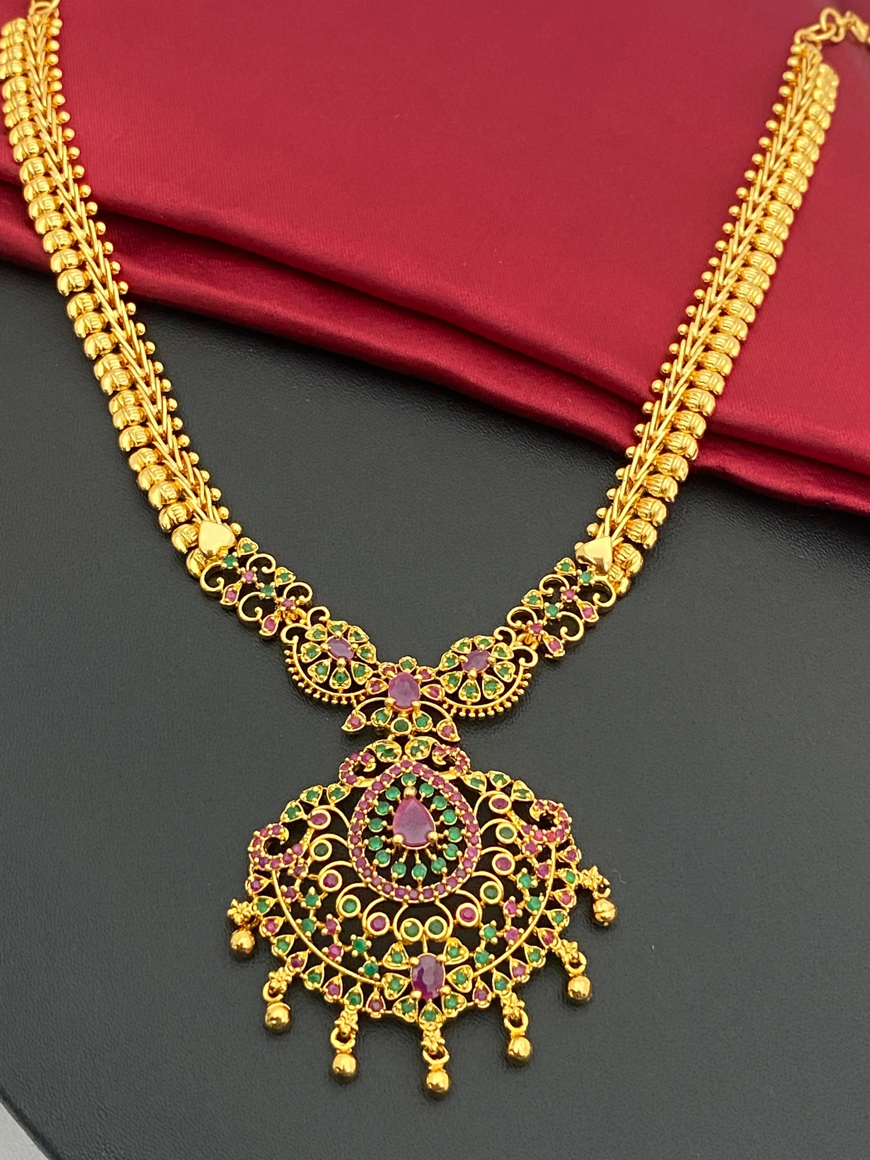 Beautiful Gold Plated Traditional Wear Ruby And Emerald Colored Necklace With Tear Drops