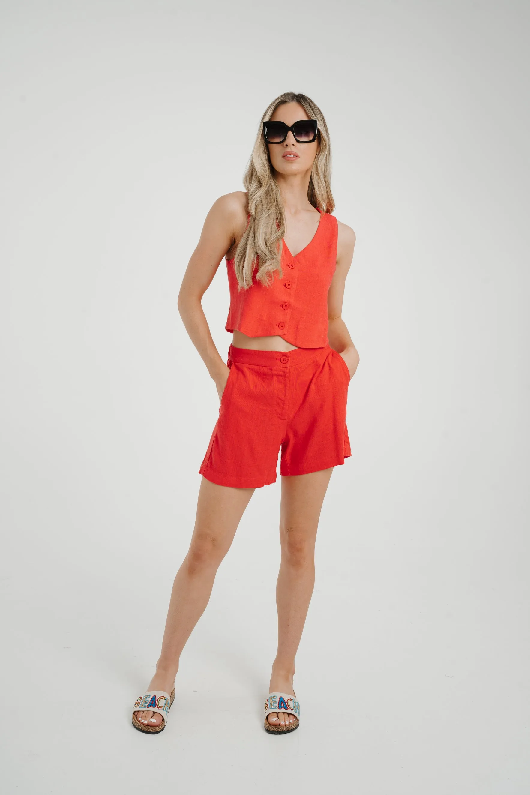 Becca Linen Mix Waistcoat In Coral