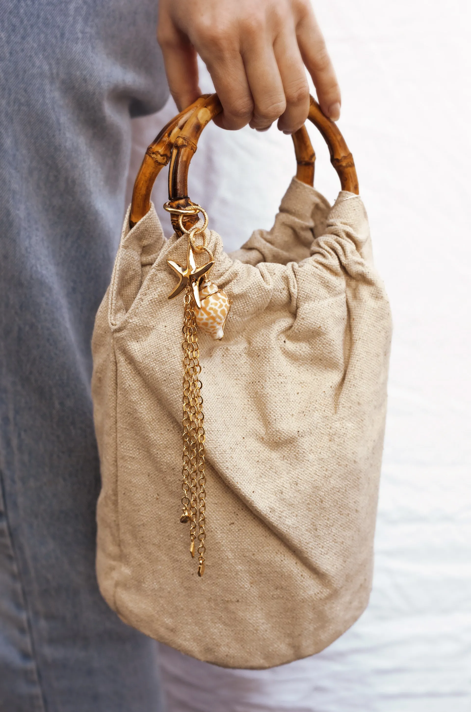 Beige Bucket Bag with Starfish & Shell Tassel