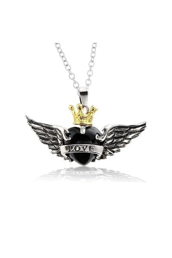 Black Heart Wings Crown Love Pendant and Necklace - Amira