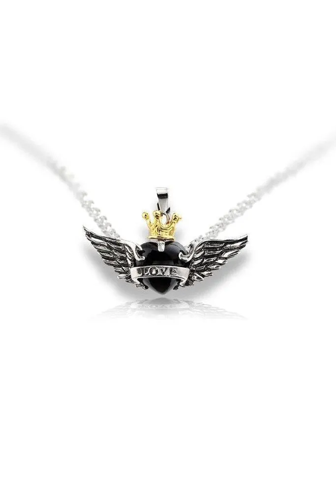 Black Heart Wings Crown Love Pendant and Necklace - Amira