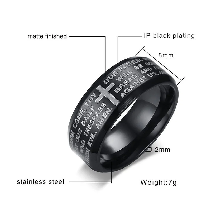 Black Stainless Steel Lord's Prayer Cross Religious Wedding Band