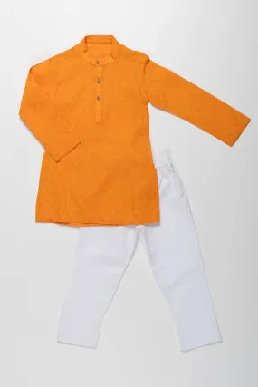 Bright Orange Kurta with White Pajama Set for Kids - Festive and Traditional Wear