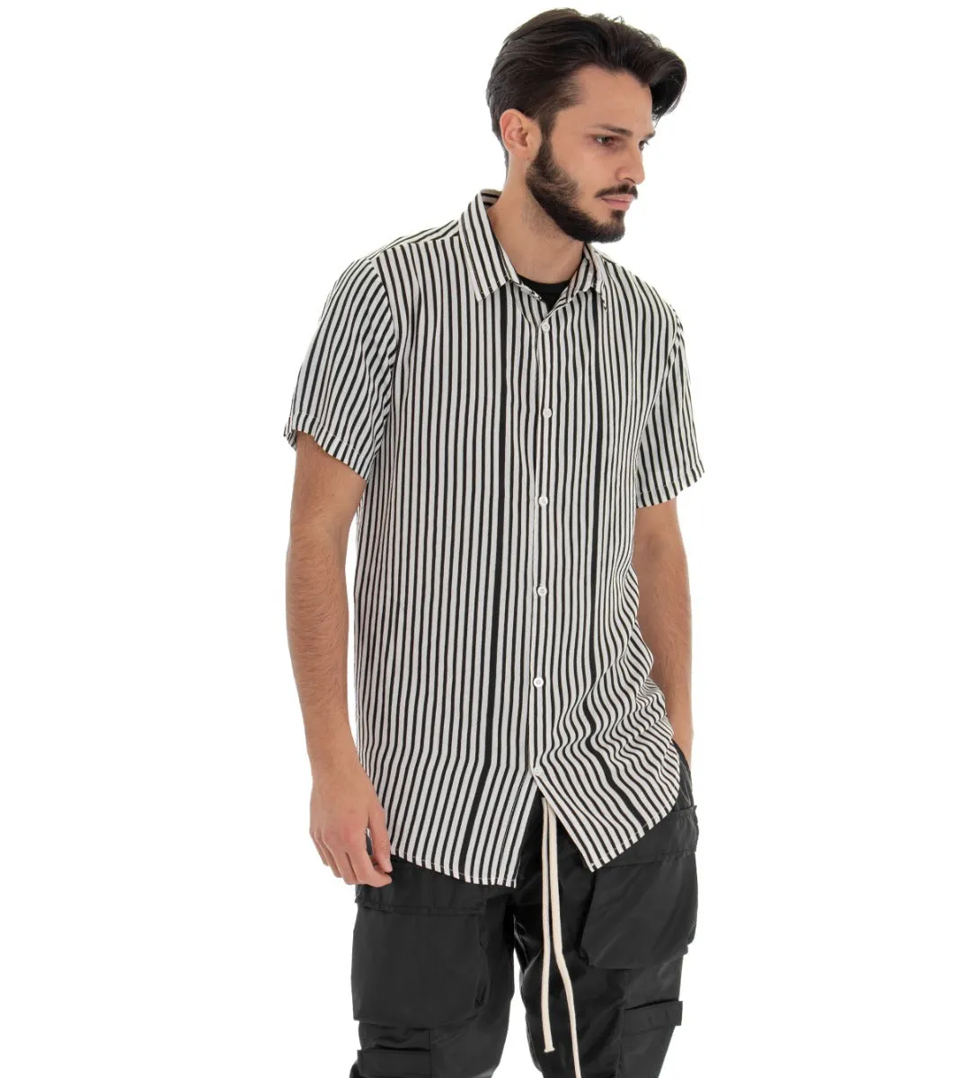 Camicia Manica Corta Uomo Rigata Righe Bicolore Bianco Nero Casual GIOSAL-CC1068A