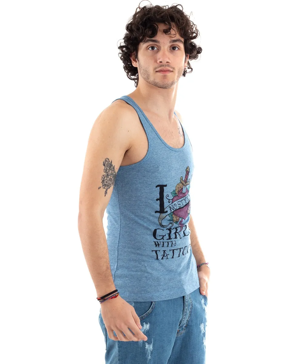 Canotta Uomo T-shirt Canottiera Giromanica Stampa CelesteGIOSAL-CN1058A