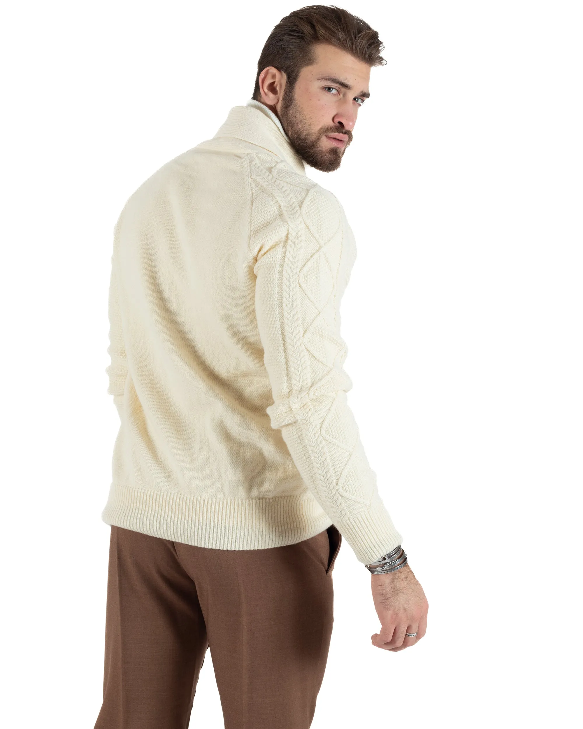 Cardigan Uomo Giacca Con Bottoni Maglia Con Tasche A Toppa Maglione Con Trecce Panna Casual GIOSAL-M2790A