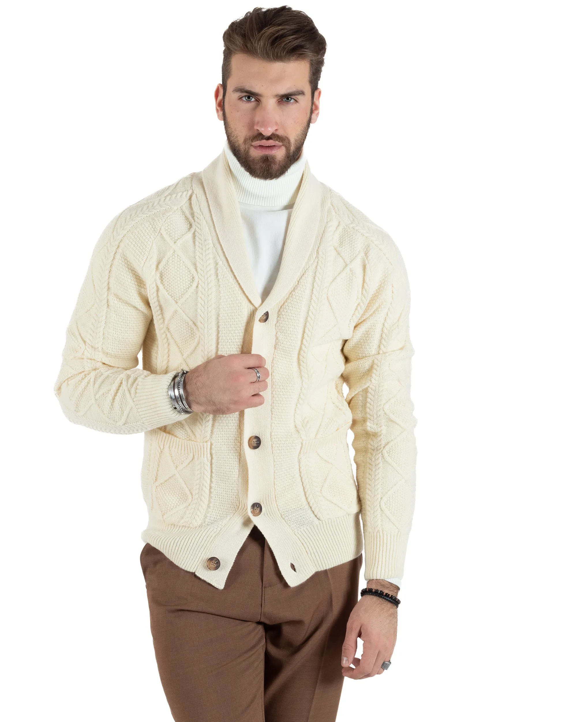 Cardigan Uomo Giacca Con Bottoni Maglia Con Tasche A Toppa Maglione Con Trecce Panna Casual GIOSAL-M2790A