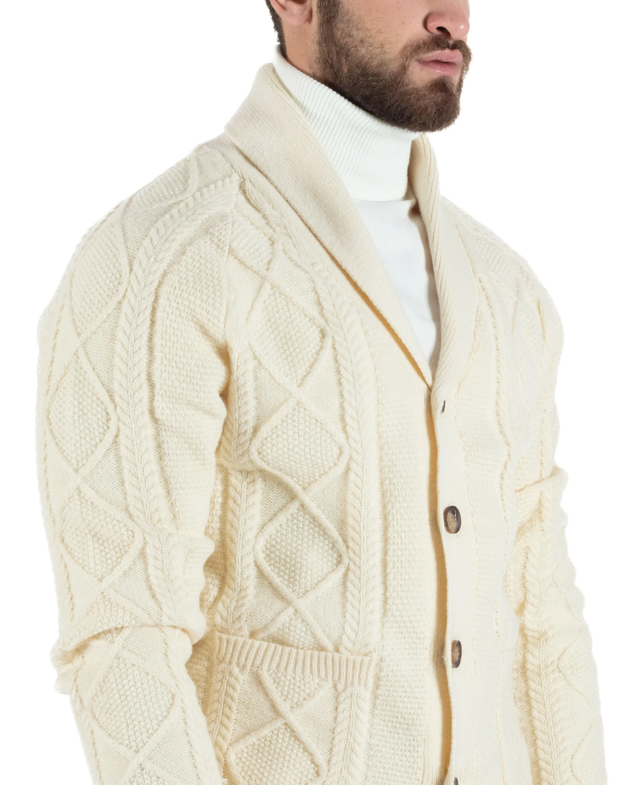 Cardigan Uomo Giacca Con Bottoni Maglia Con Tasche A Toppa Maglione Con Trecce Panna Casual GIOSAL-M2790A