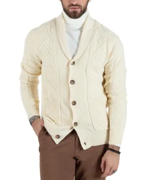 Cardigan Uomo Giacca Con Bottoni Maglia Con Tasche A Toppa Maglione Con Trecce Panna Casual GIOSAL-M2790A