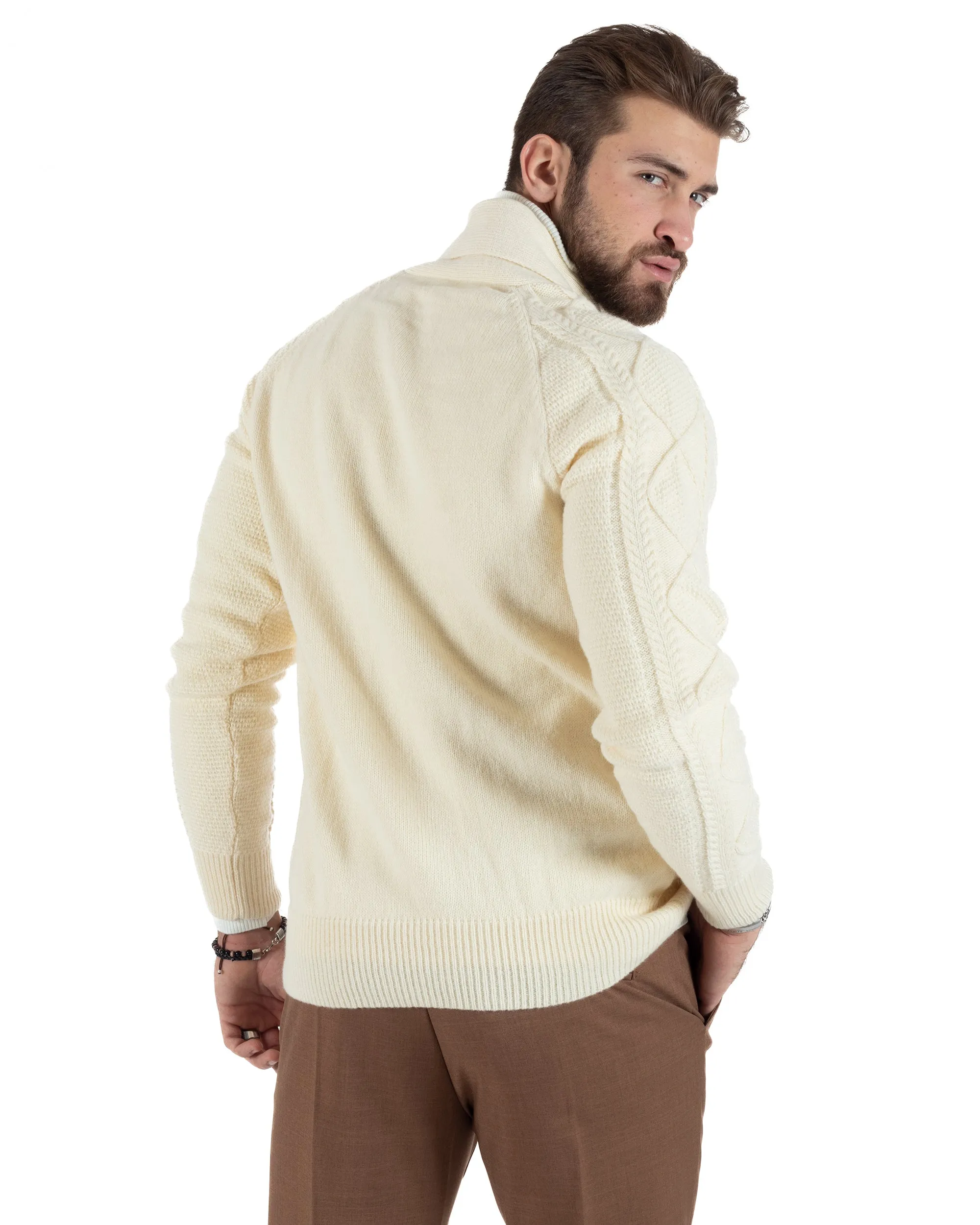 Cardigan Uomo Giacca Con Bottoni Maglia Con Tasche A Toppa Maglione Con Trecce Panna Casual GIOSAL-M2790A