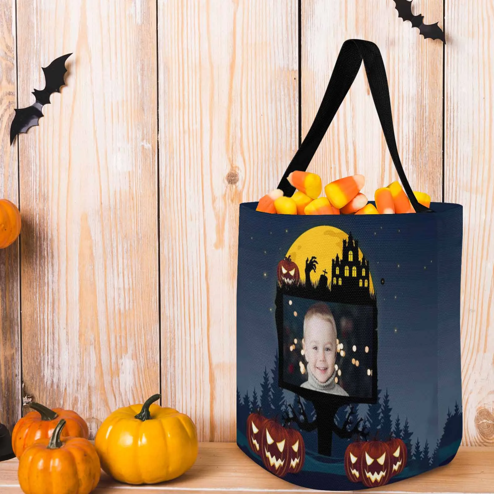 Custom Photo Castle Tree Halloween Trick or Treat Colorful Tote Bags (8.26 x 7.87)