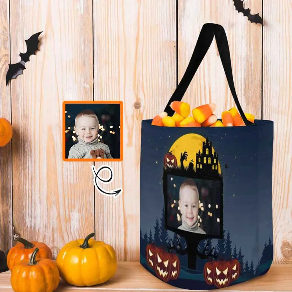 Custom Photo Castle Tree Halloween Trick or Treat Colorful Tote Bags (8.26 x 7.87)