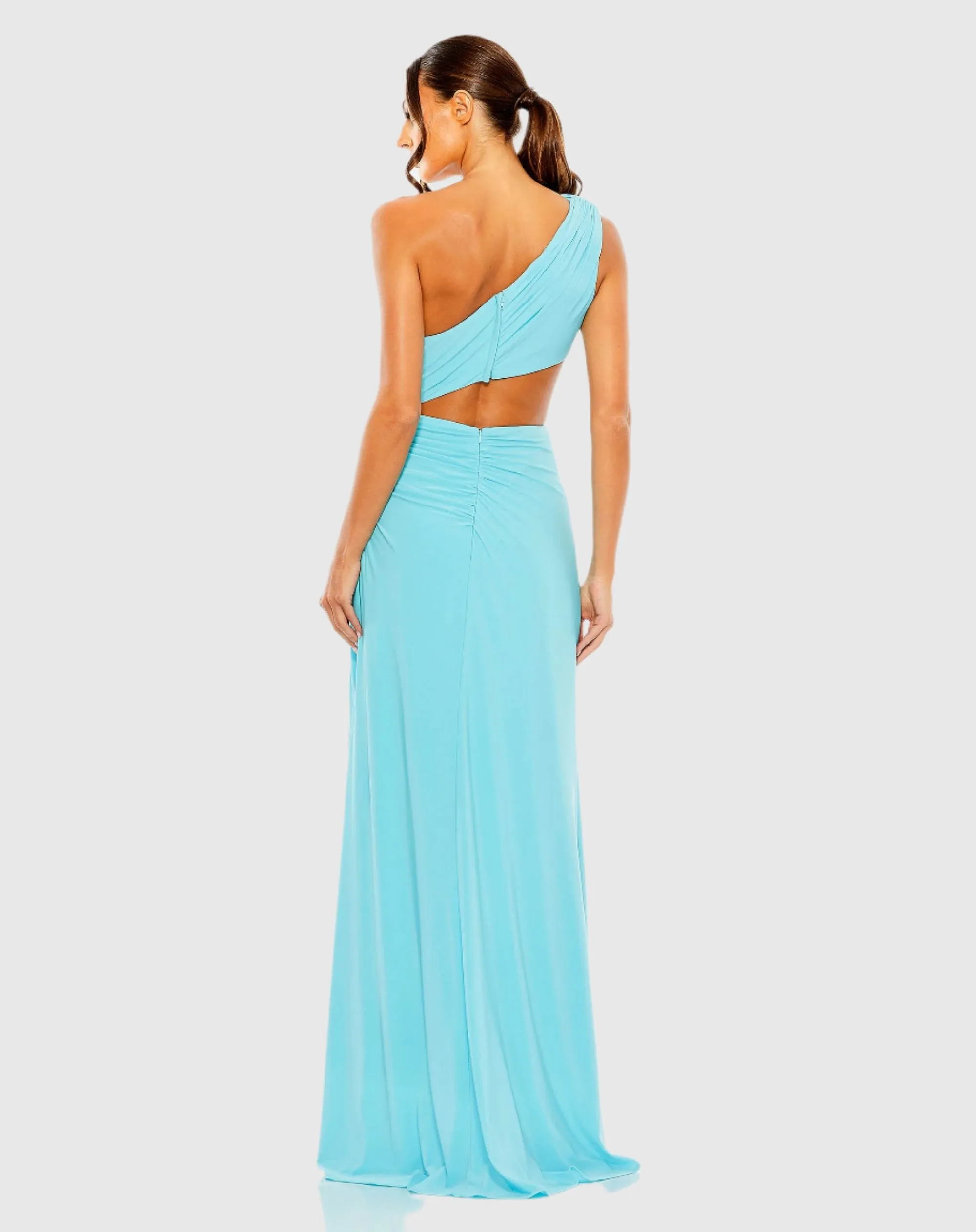 Cut Out One Shoulder Ruched Back Gown