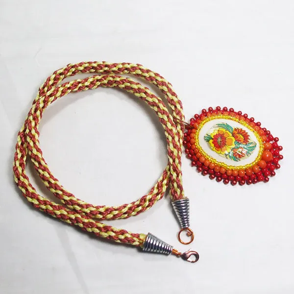 Dahlia Bead Embroidery Pendant Kumihimo Necklace