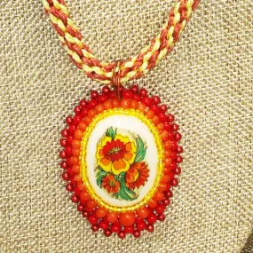 Dahlia Bead Embroidery Pendant Kumihimo Necklace