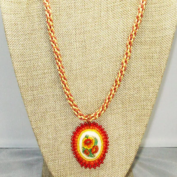 Dahlia Bead Embroidery Pendant Kumihimo Necklace