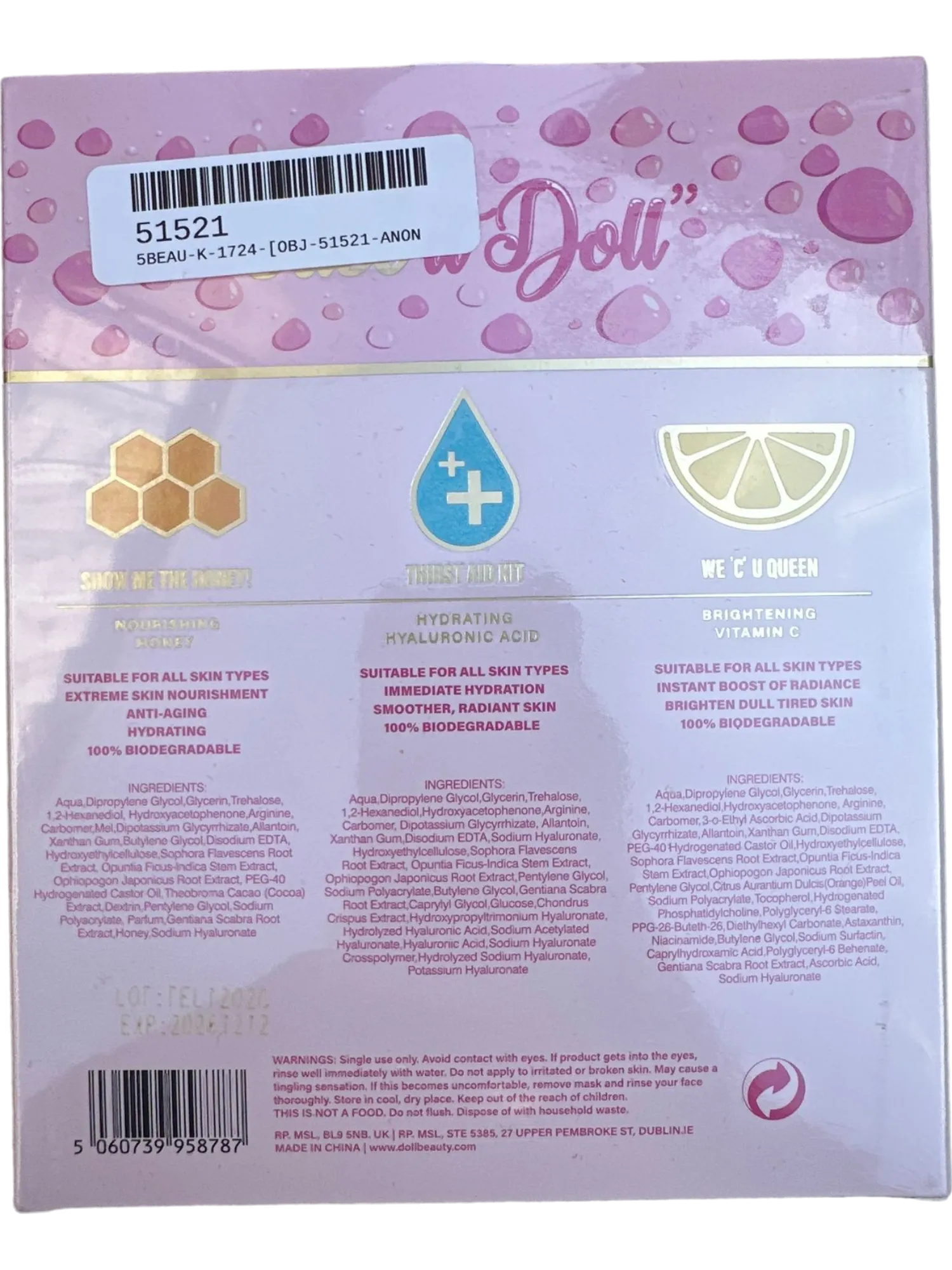 Doll Beauty Pink Face It Doll Biodegradable Facial Sheet Masks