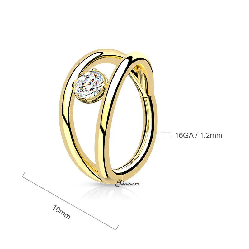 Double Lines and CZ Hinged Segment Hoop Ring - Gold