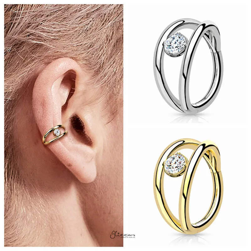 Double Lines and CZ Hinged Segment Hoop Ring - Gold