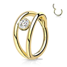 Double Lines and CZ Hinged Segment Hoop Ring - Gold