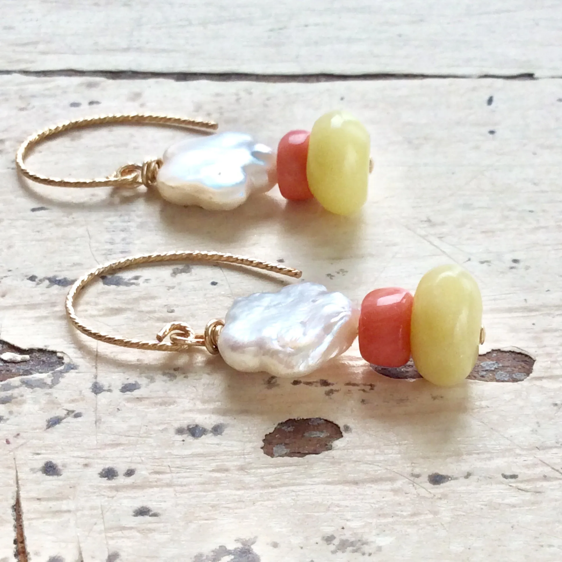 Floral Pearl Drop Earrings, Dainty Baroque Pearl w Quartz & Coral Earrings