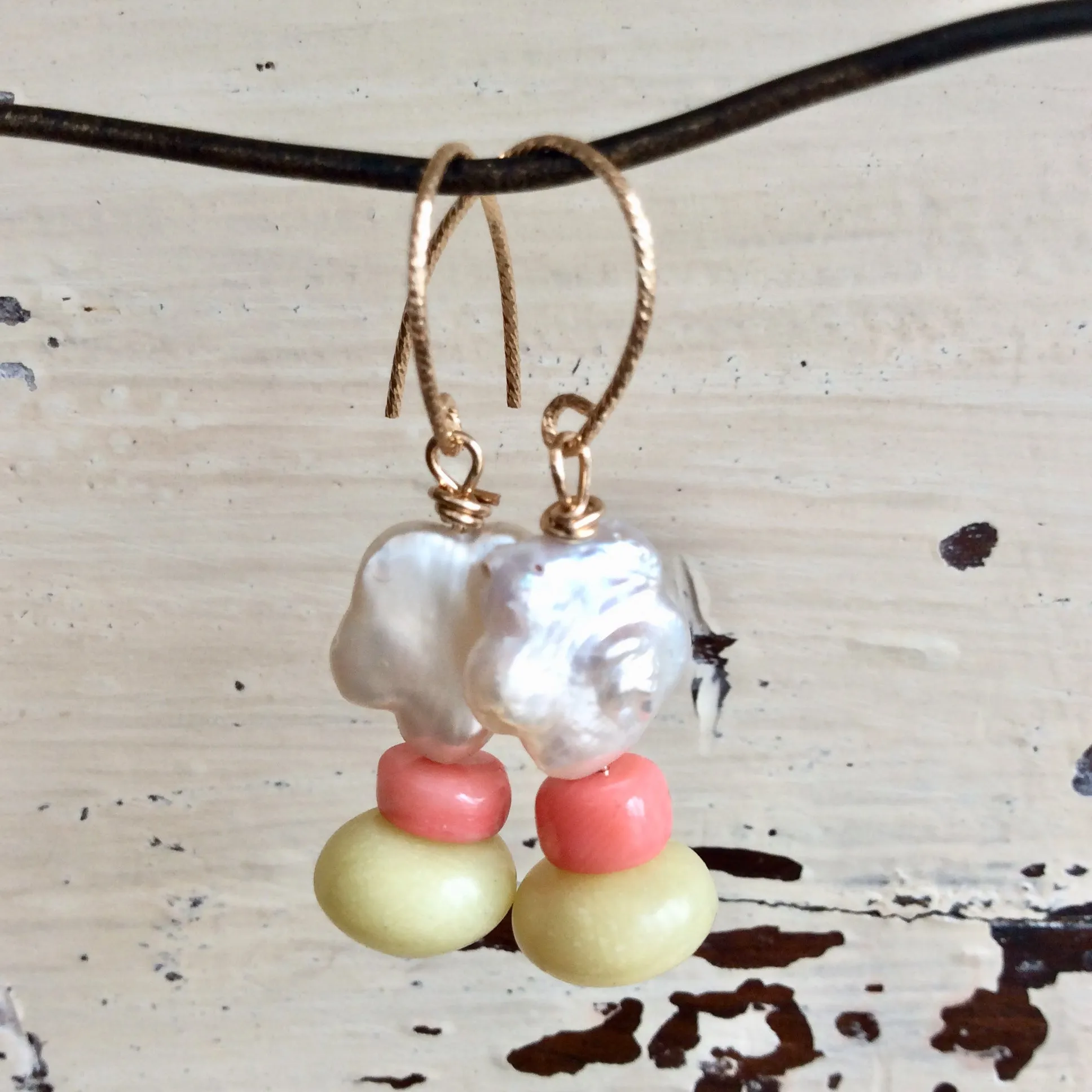 Floral Pearl Drop Earrings, Dainty Baroque Pearl w Quartz & Coral Earrings