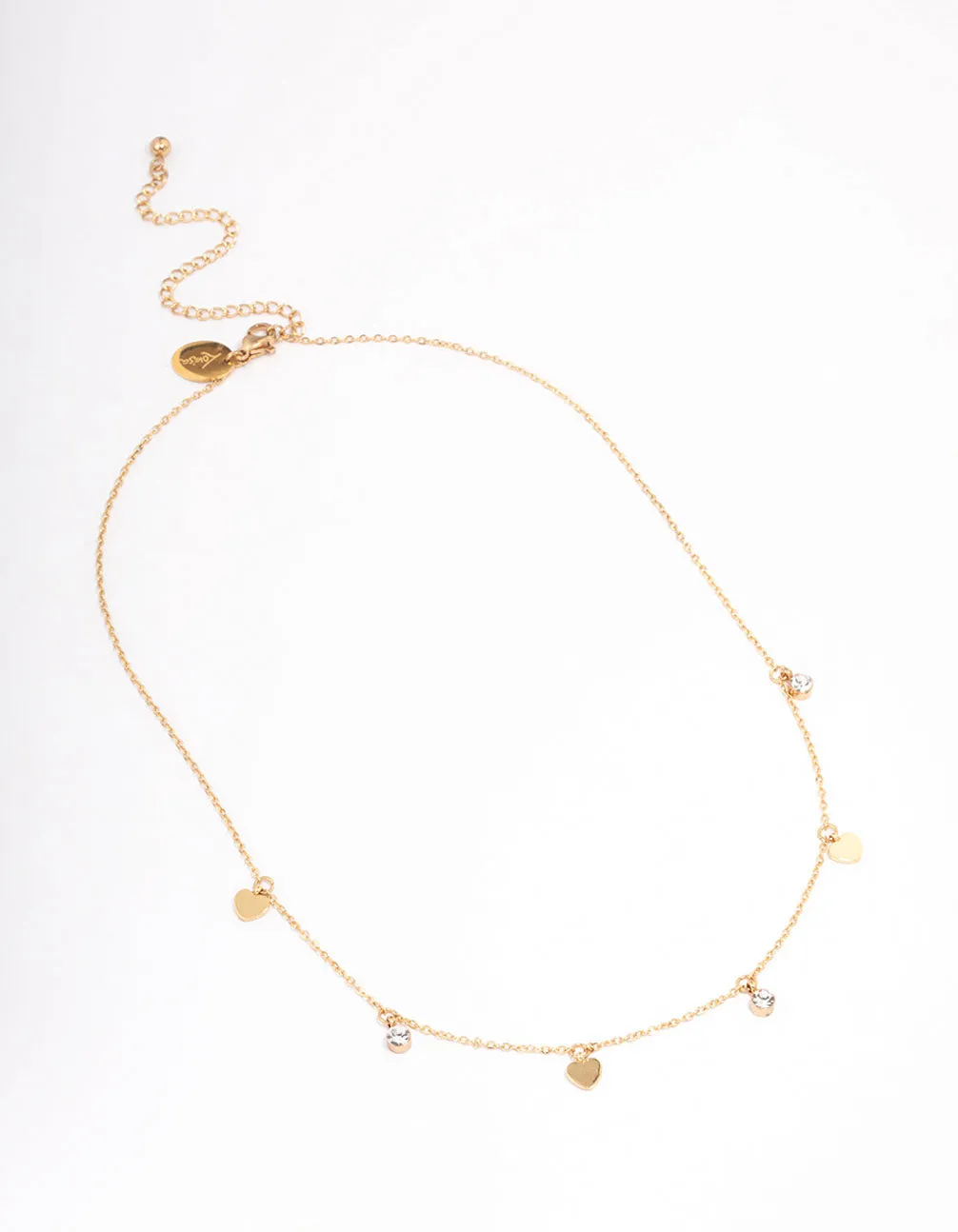 Gold Plated Stainless Steel Diamante & Heart Droplet Short Necklace