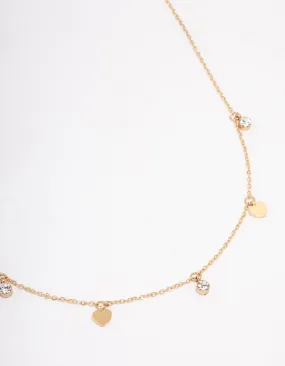 Gold Plated Stainless Steel Diamante & Heart Droplet Short Necklace