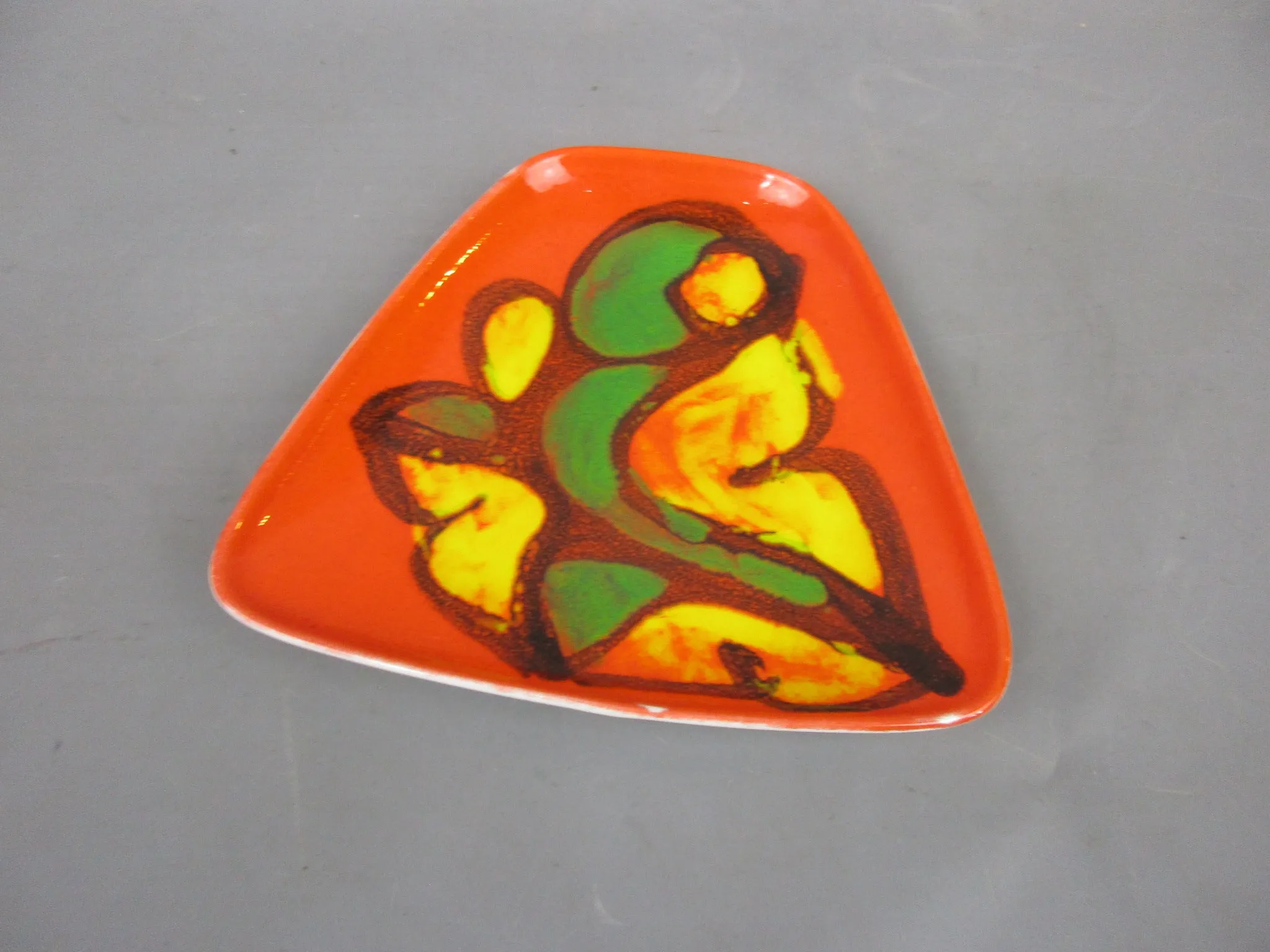 Hand Painted Poole Pottery Delphis Design Orange, Green & Yellow Trinket Dish Vintage c1970