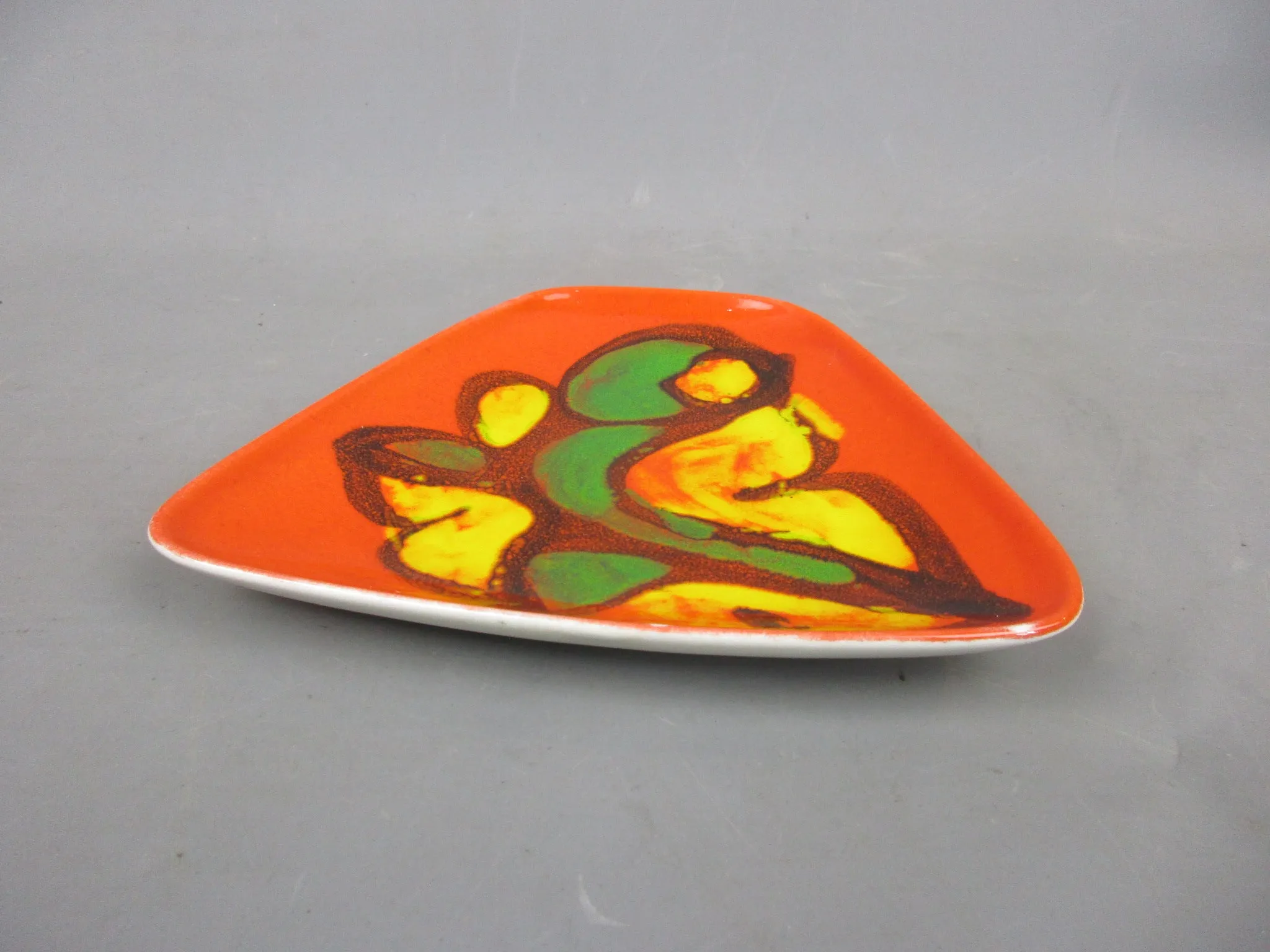 Hand Painted Poole Pottery Delphis Design Orange, Green & Yellow Trinket Dish Vintage c1970