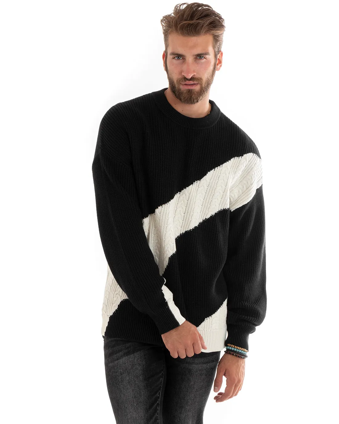 Maglioncino Uomo Girocollo Maglia Inglese Trecce Maglione Over Bicolore Nero GIOSAL-M2696A