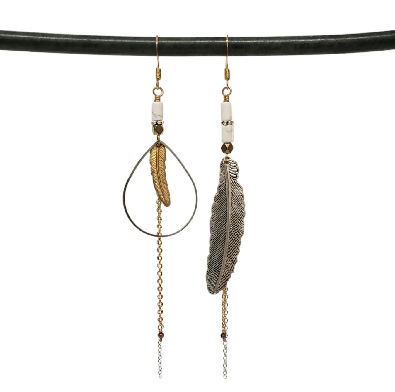 Mixed Metals Asymmetric Feather Duster Earrings