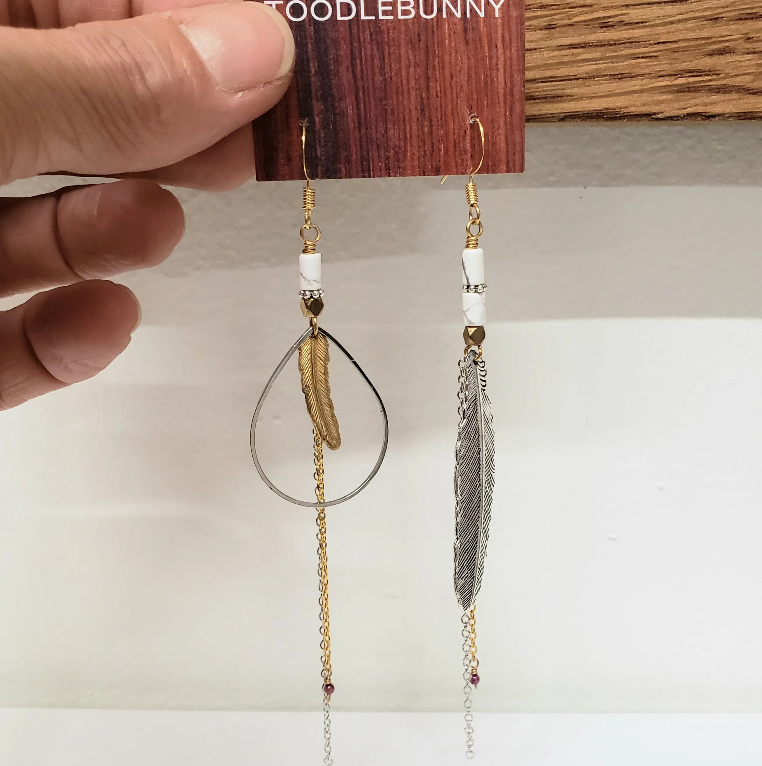 Mixed Metals Asymmetric Feather Duster Earrings