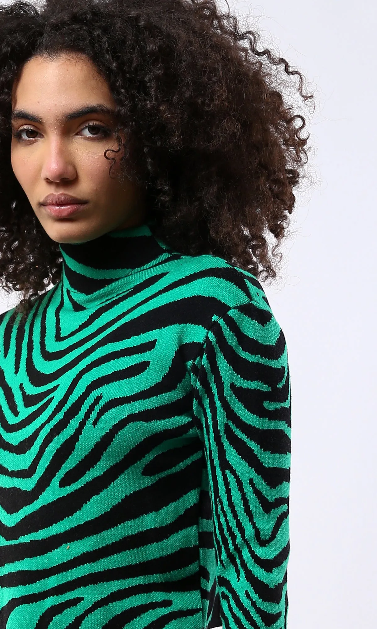 O173084 High-Neck Green & Black Zebra Short Pullover