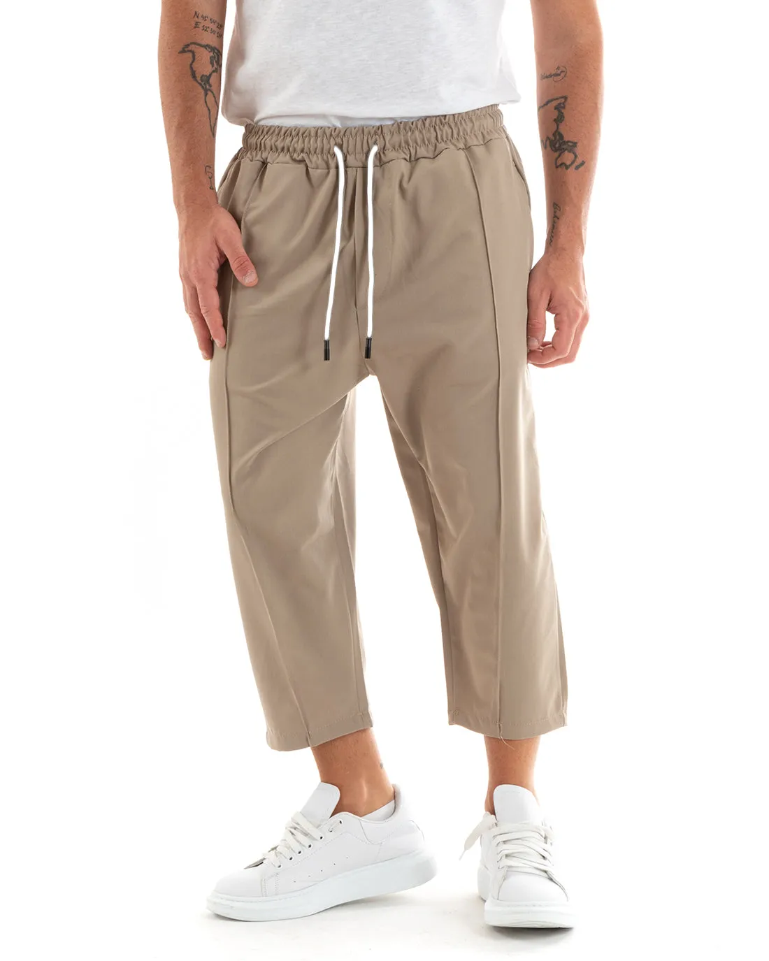 Pantaloni Uomo Pantalaccio Japan Cropped Fondo Ampio Tinta Unita Camel GIOSAL-P5888A