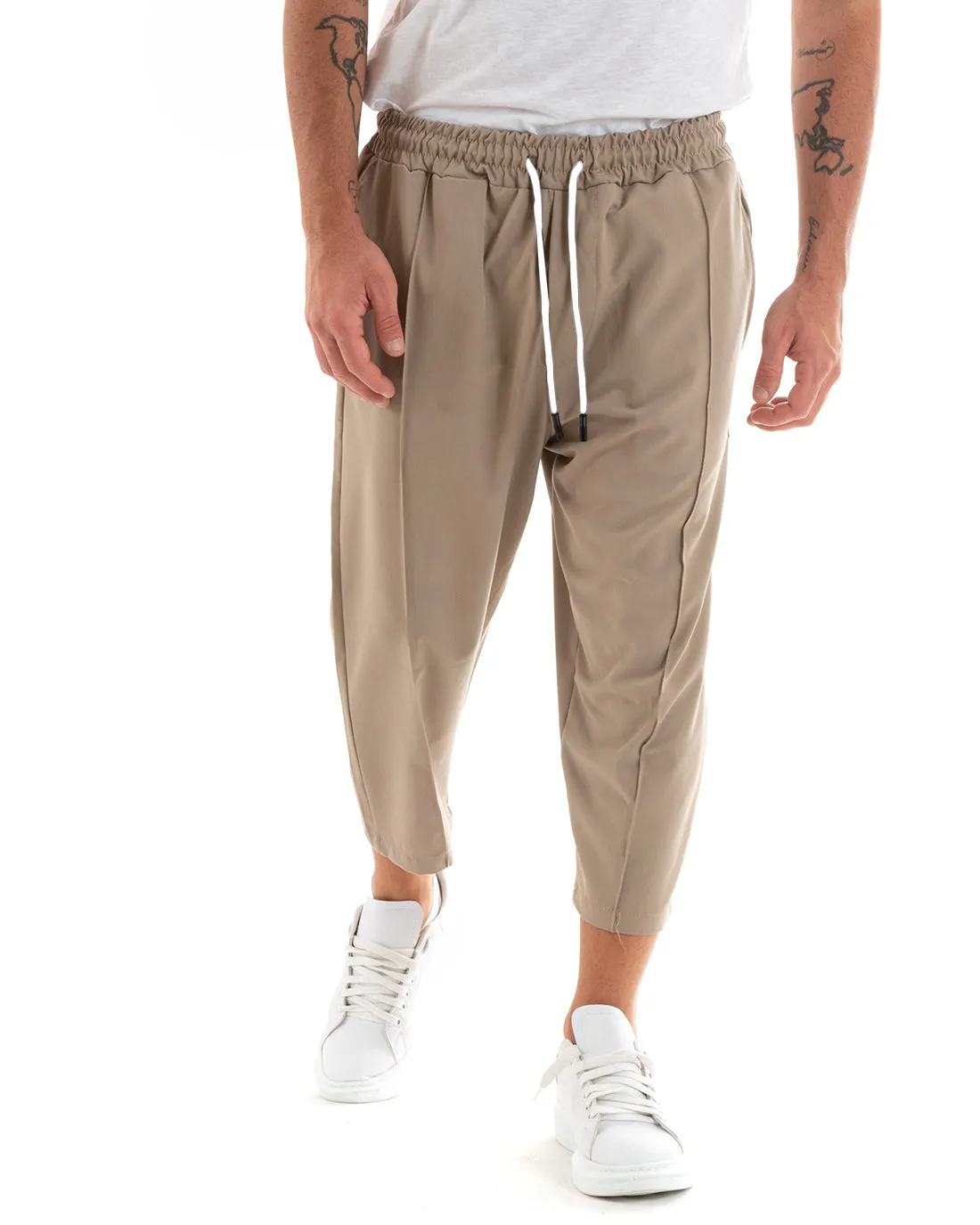 Pantaloni Uomo Pantalaccio Japan Cropped Fondo Ampio Tinta Unita Camel GIOSAL-P5888A