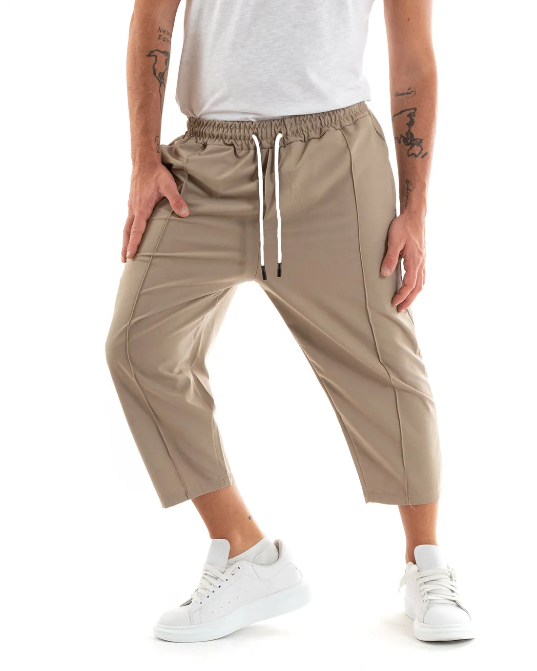 Pantaloni Uomo Pantalaccio Japan Cropped Fondo Ampio Tinta Unita Camel GIOSAL-P5888A