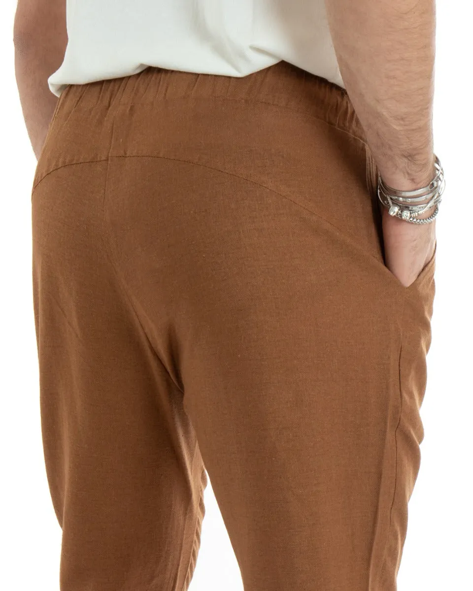 Pantaloni Uomo Pantalaccio Lino Lungo Jogger Elastico Sartoriale Casual Tinta Unita Camel GIOSAL-P5811A