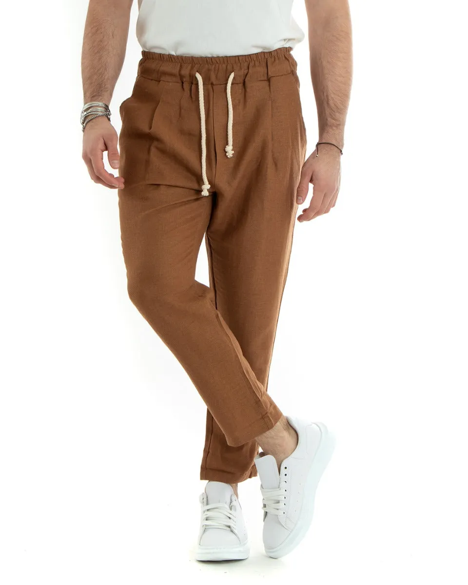 Pantaloni Uomo Pantalaccio Lino Lungo Jogger Elastico Sartoriale Casual Tinta Unita Camel GIOSAL-P5811A