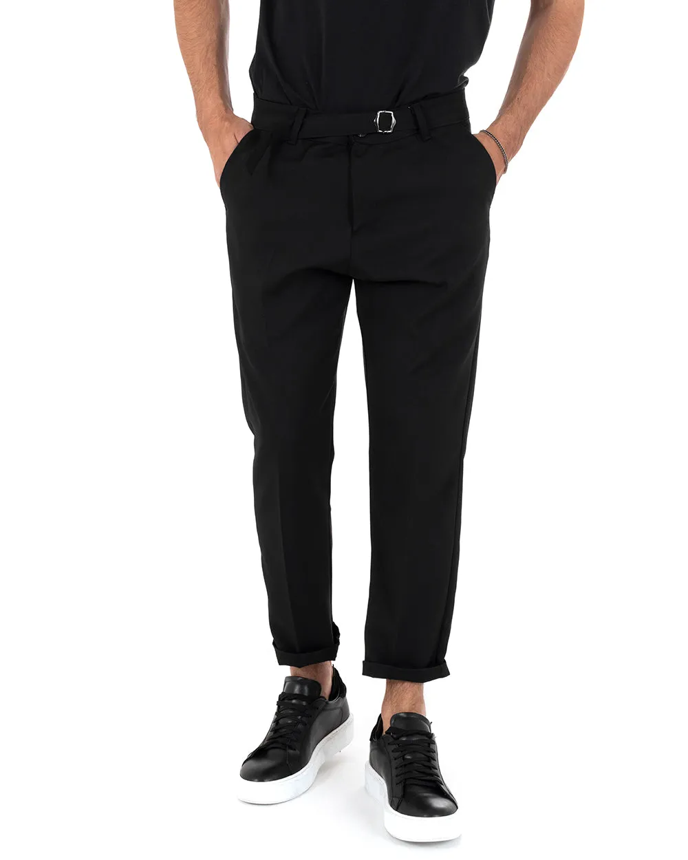 Pantaloni Uomo Tasca America Nero Viscosa Fibbia Classico GIOSAL-P5199A