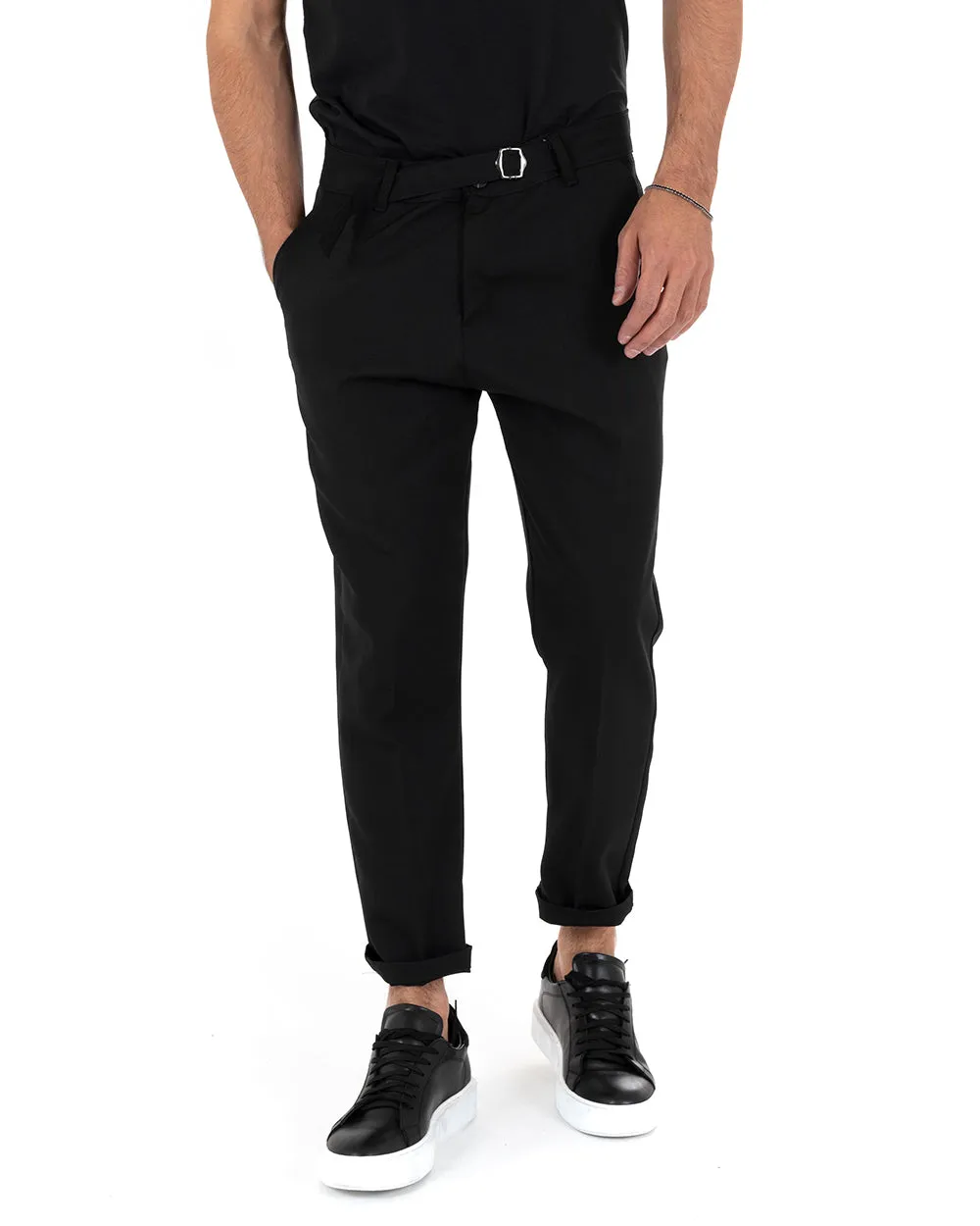 Pantaloni Uomo Tasca America Nero Viscosa Fibbia Classico GIOSAL-P5199A