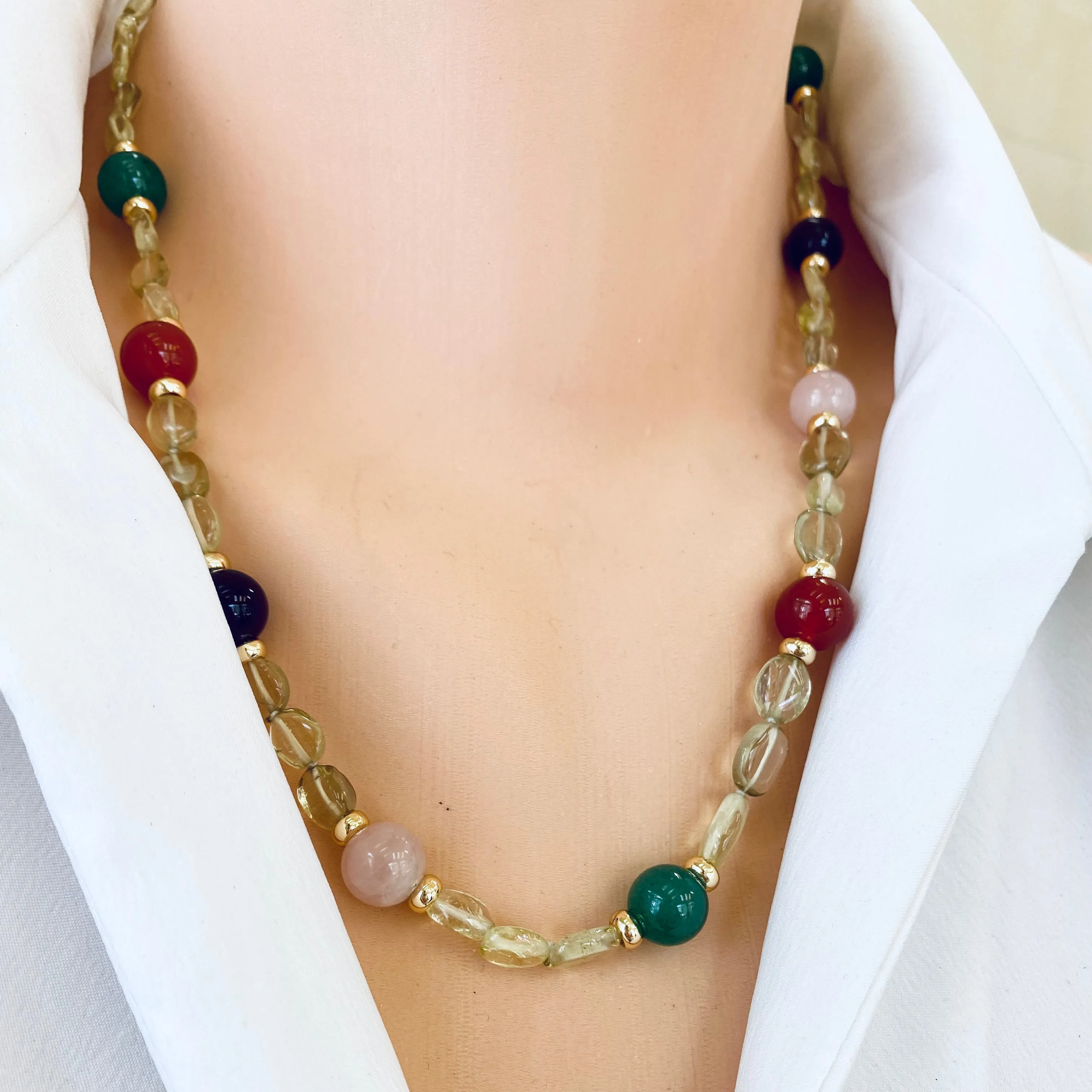 Prasiolite Bonbons Necklace w Rose Quartz, Green Jade, Amethyst & Carnelian Accent Beads, Gold Plated, 20in