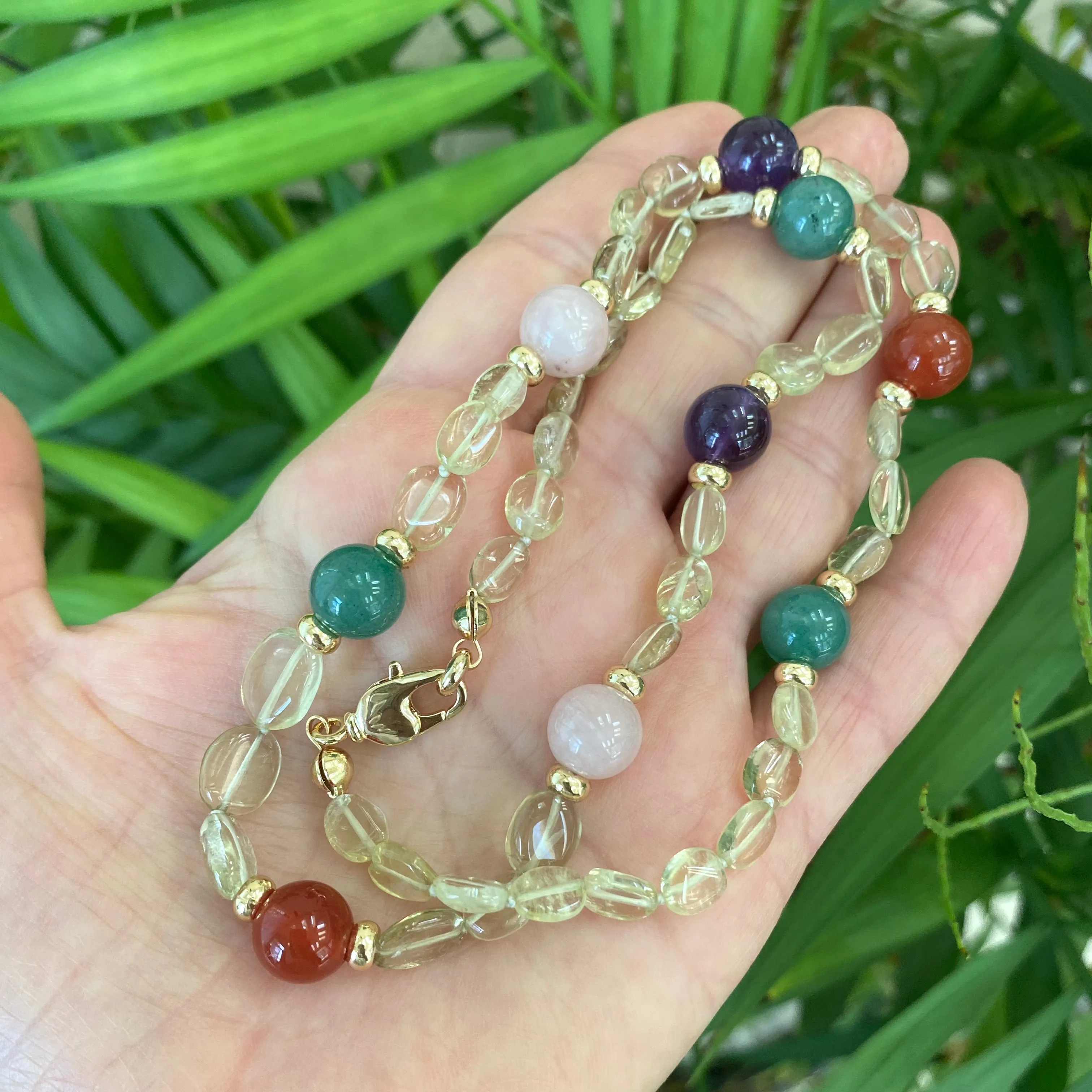 Prasiolite Bonbons Necklace w Rose Quartz, Green Jade, Amethyst & Carnelian Accent Beads, Gold Plated, 20in